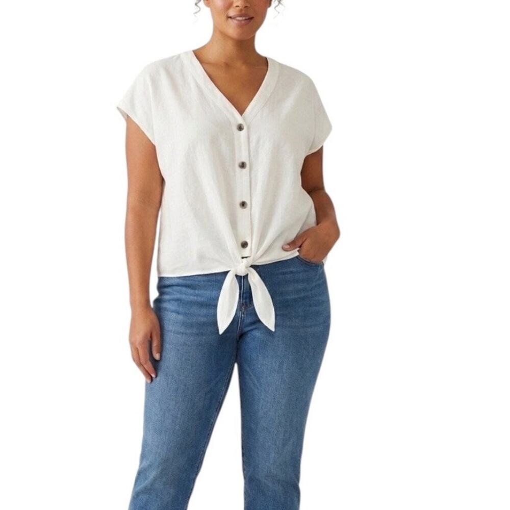 Calvin Klein linen blouse button and tie front size Large